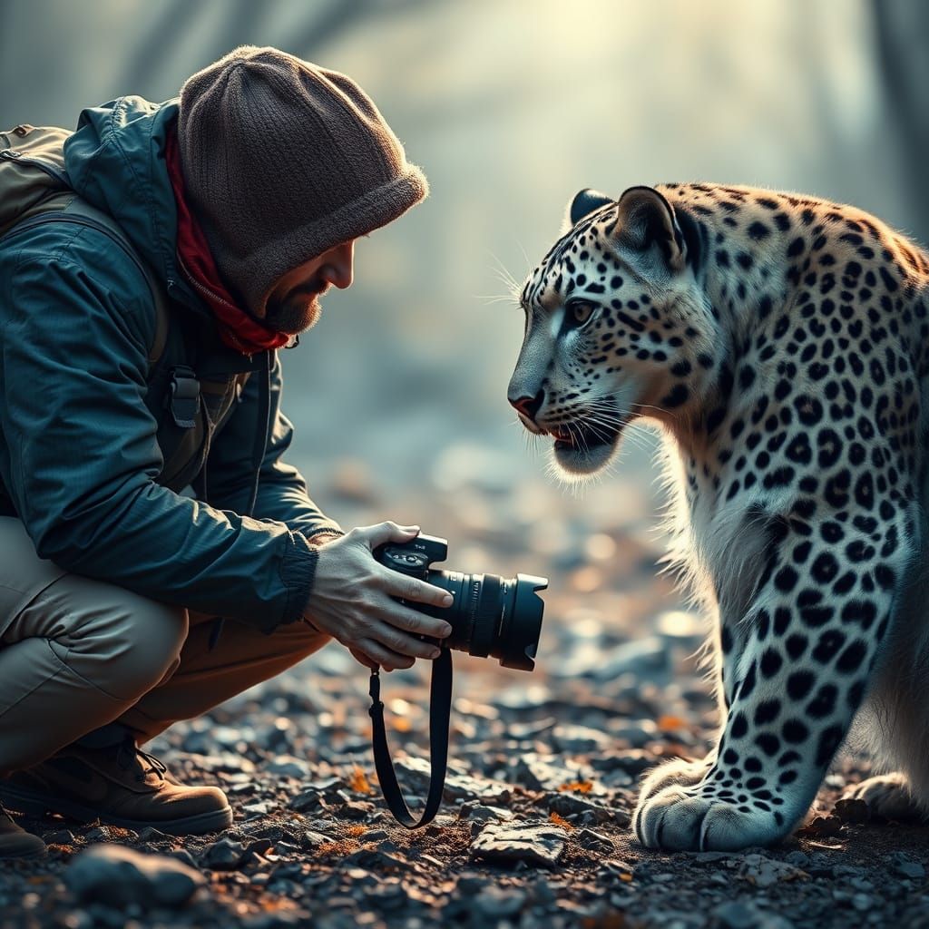 Snow Leopard Encounter: Atmospheric Digital Painting