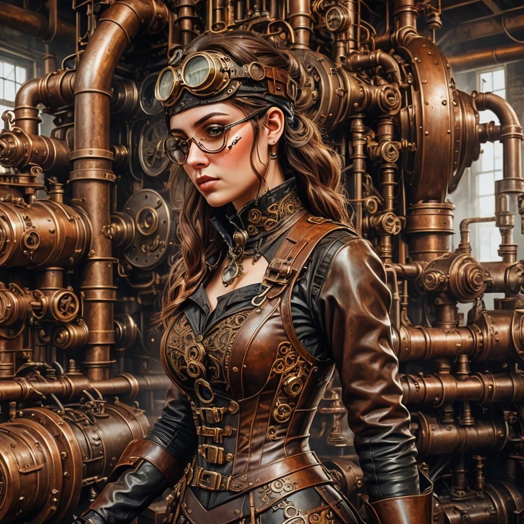 Steampunk Girl Inspecting Engine in Abandoned Factory