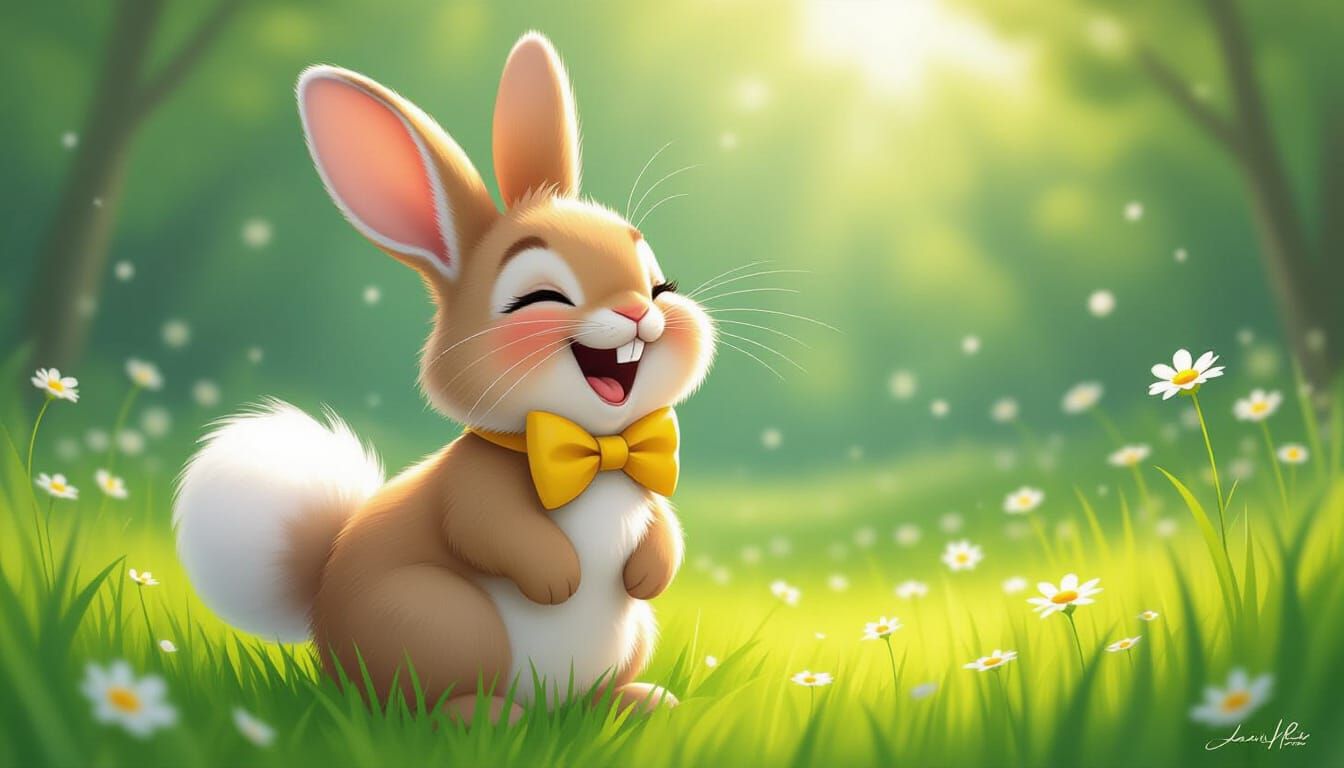 Joyful Bunny Laughing in Meadow, Whimsical Illustration