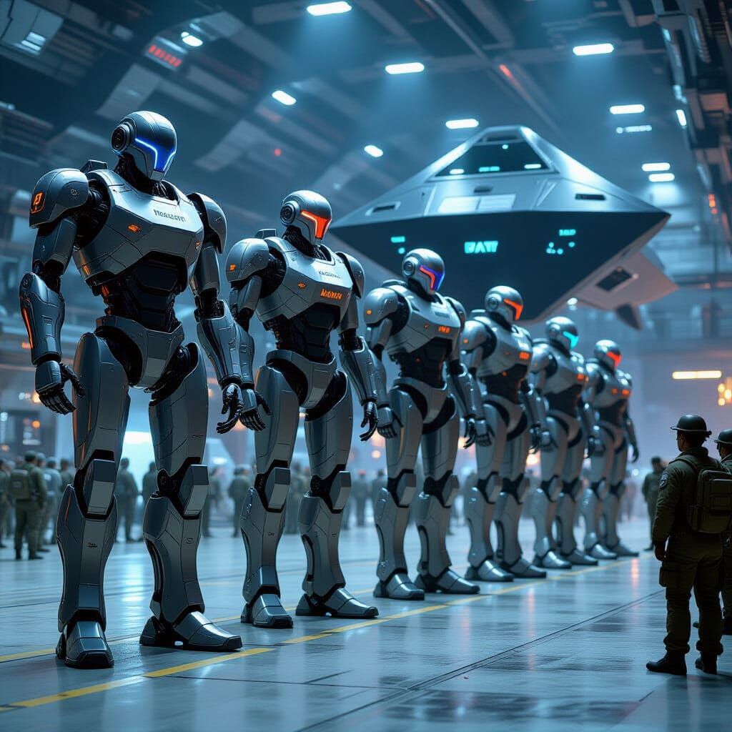 Towering Robots in Spaceship Hangar: Dystopian Sci-Fi Scene