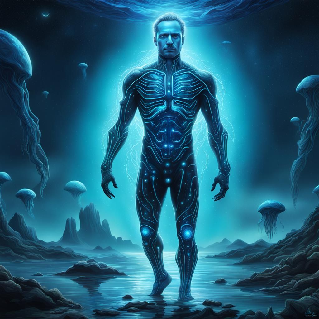 Bioluminescent Man: A Cosmic Astral Illustration