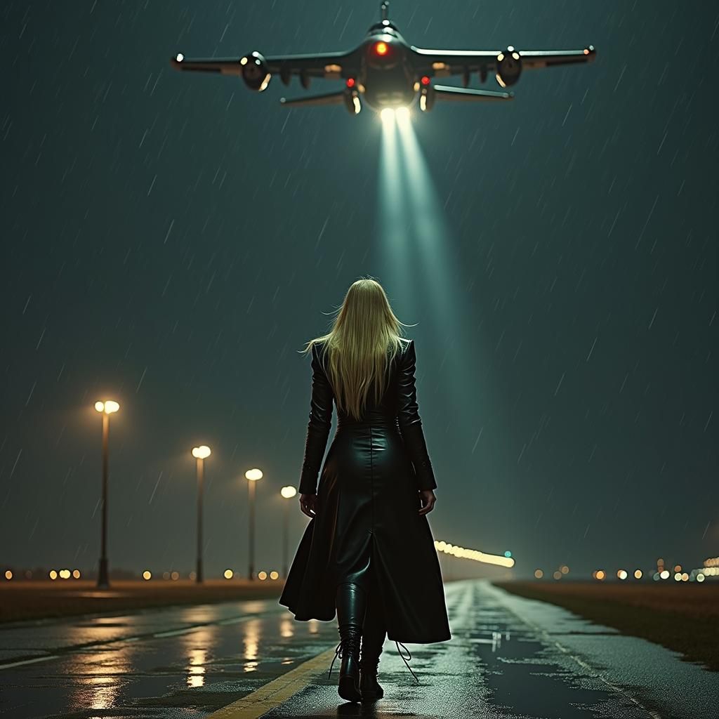 Futuristic Woman Watching Night Jet Takeoff
