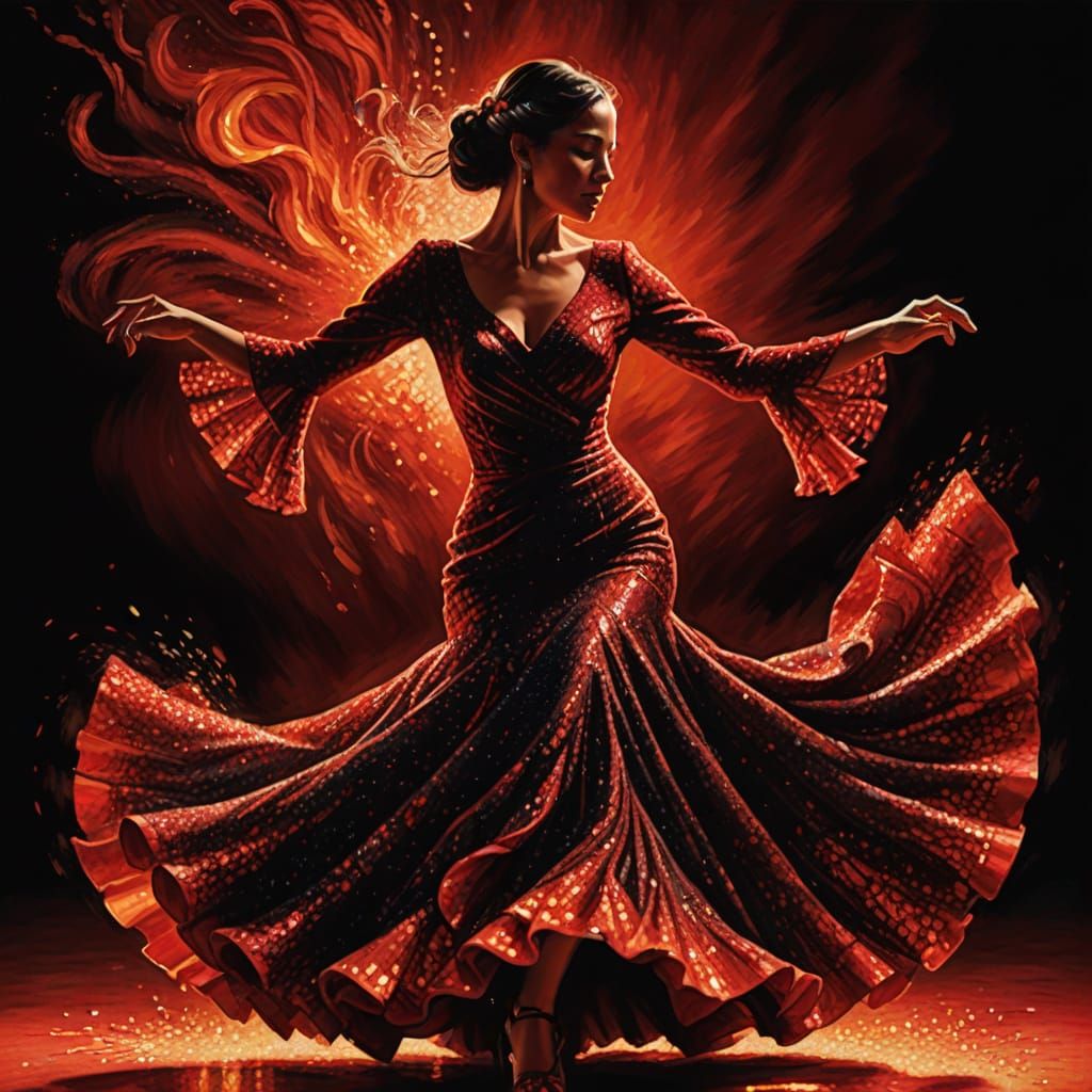Flamenco Dancer in Red Bonfire Light