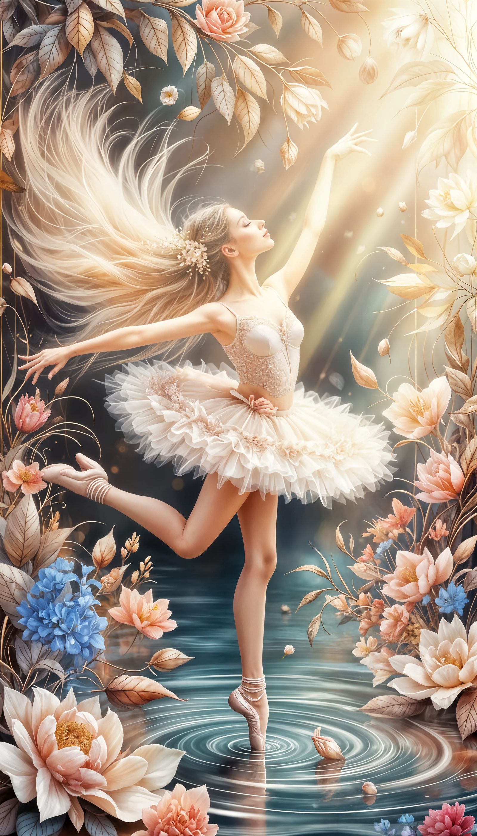 Ballerina Dancing on Water Amidst Blooming Flowers