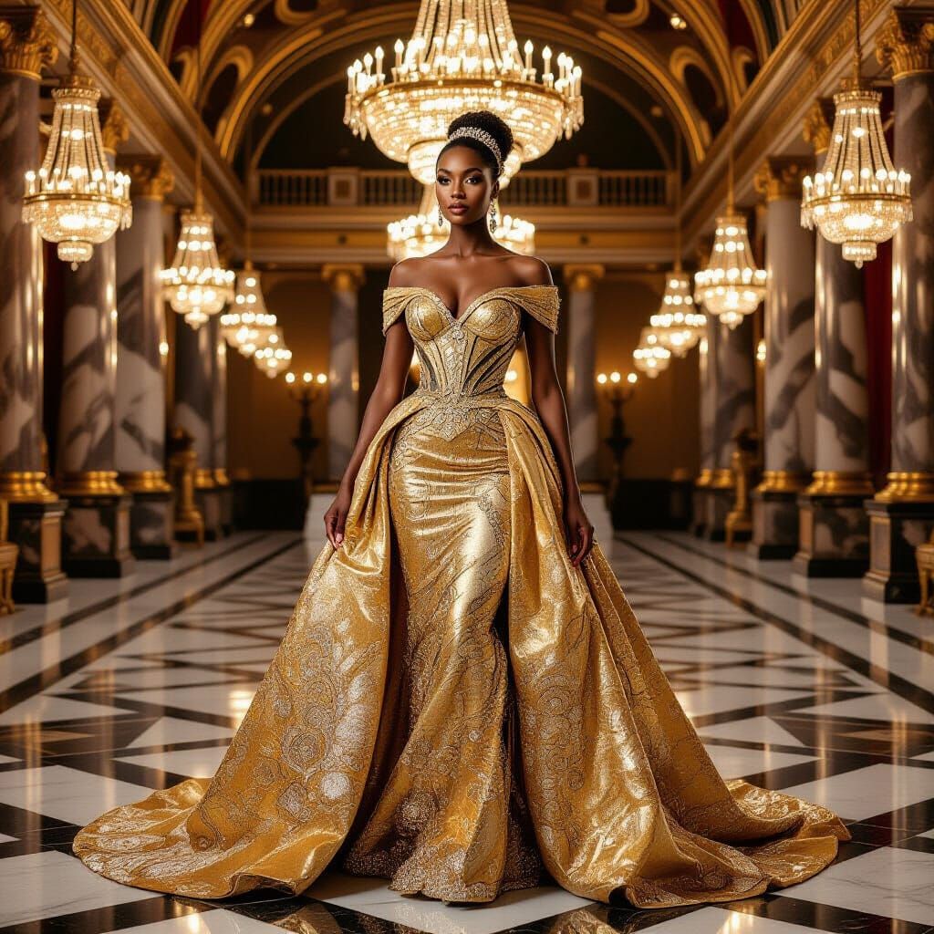 Golden Woman in Ballroom: Klimt-Inspired Portrait