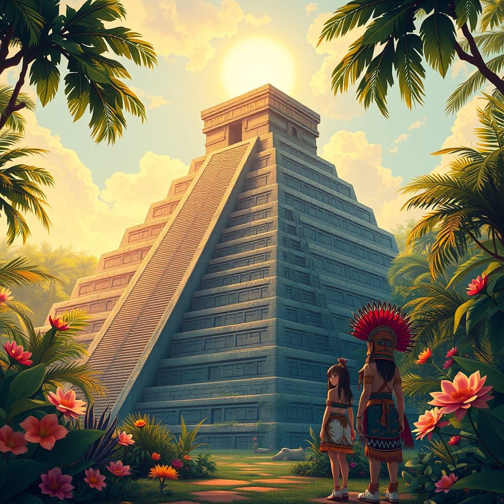 Ancient Aztec Pyramid in Whimsical Candy Art Style