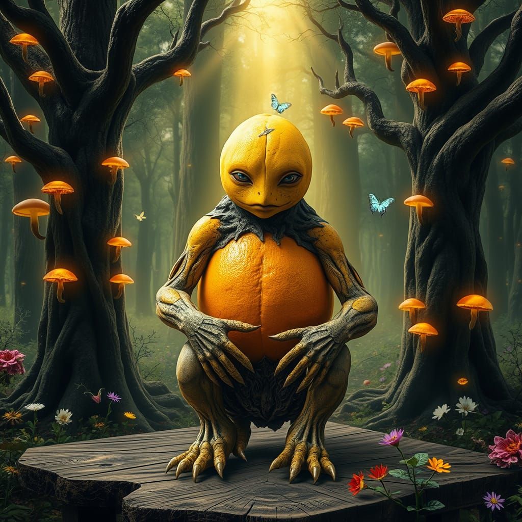 Fruit Tree Monster in Renaissance-Inspired Surreal Landscape