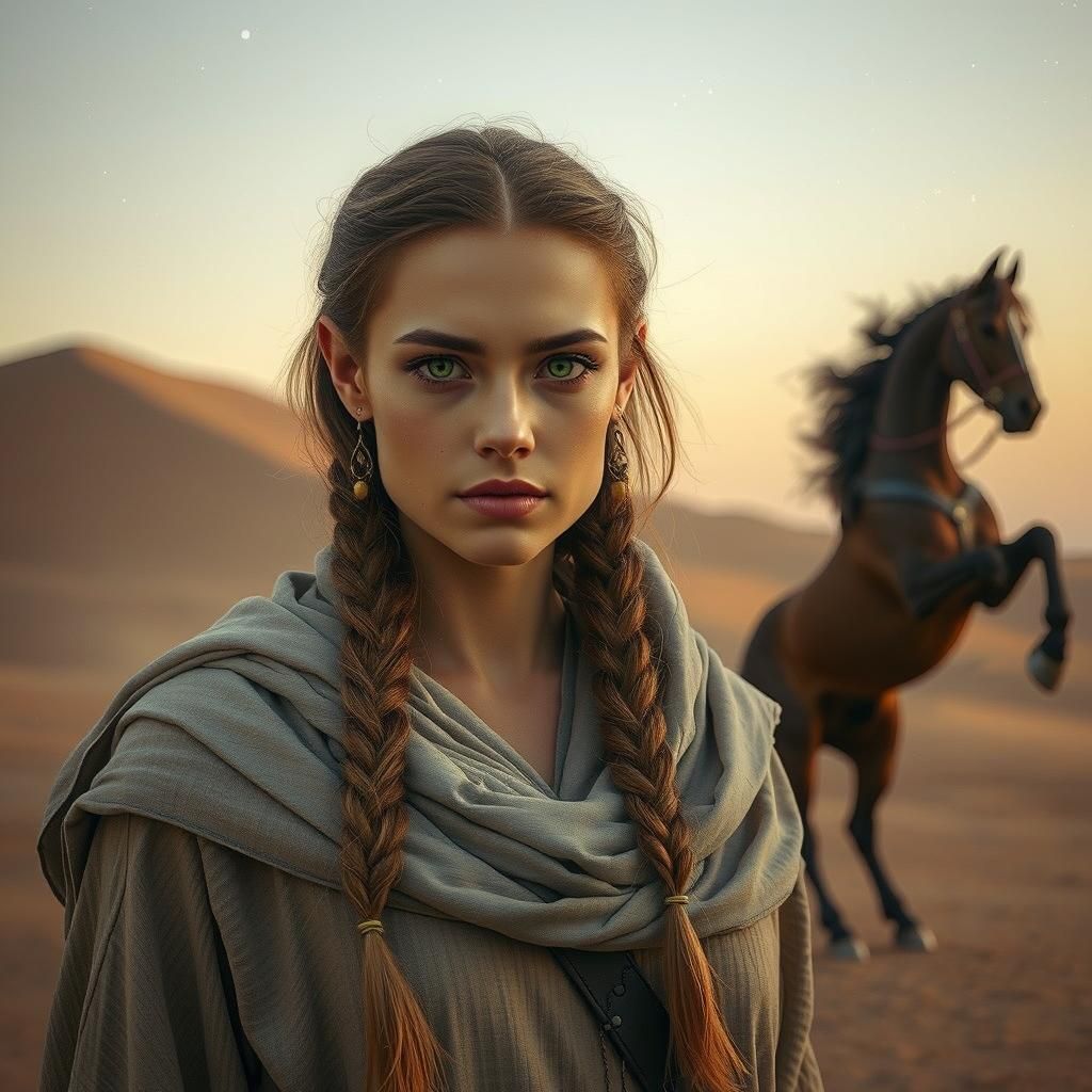 Adventurer with Horse in Dramatic Desert Landscape