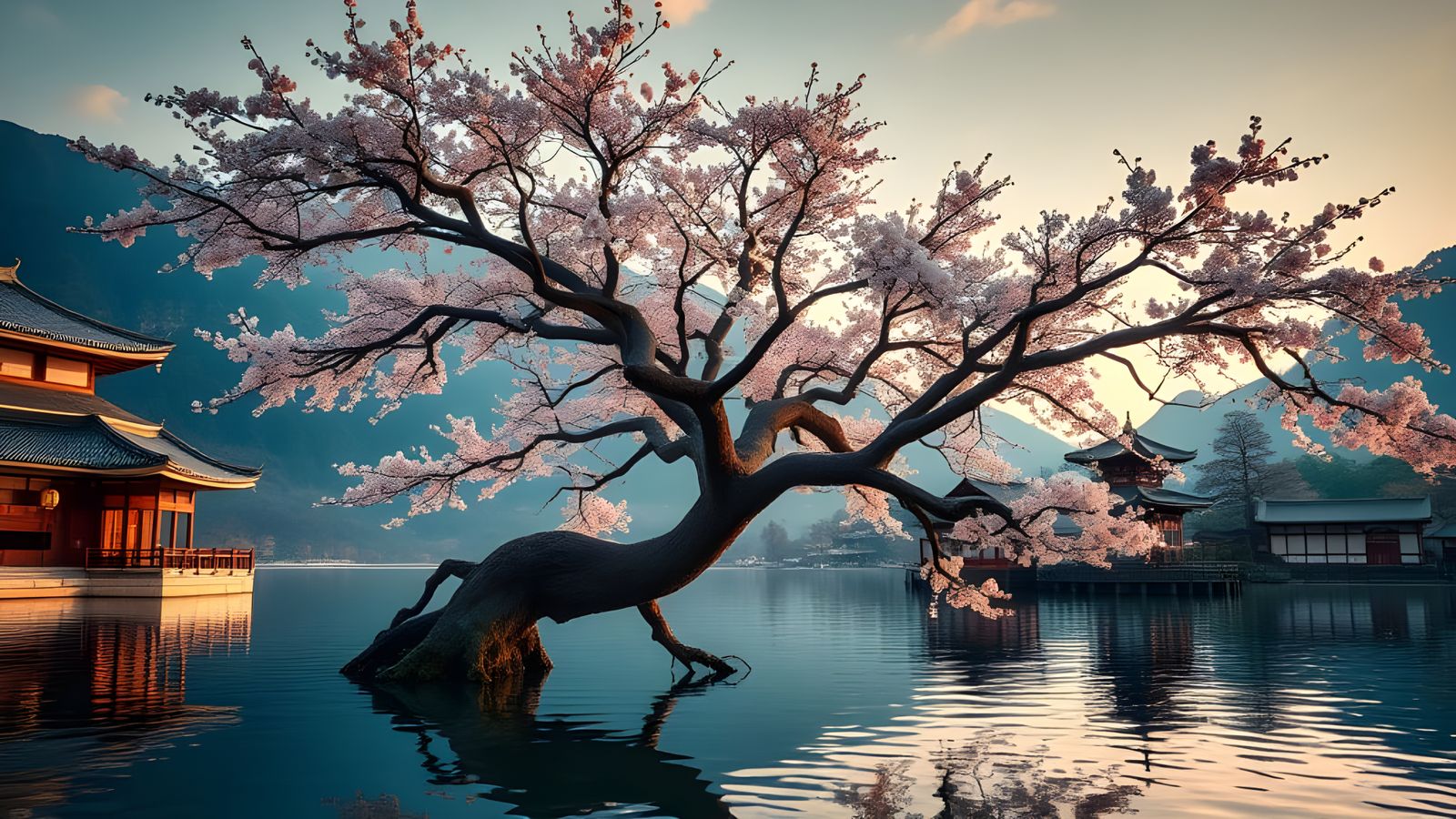 Sakura Tree Majesty on Tranquil Lake in Japanese Landscape