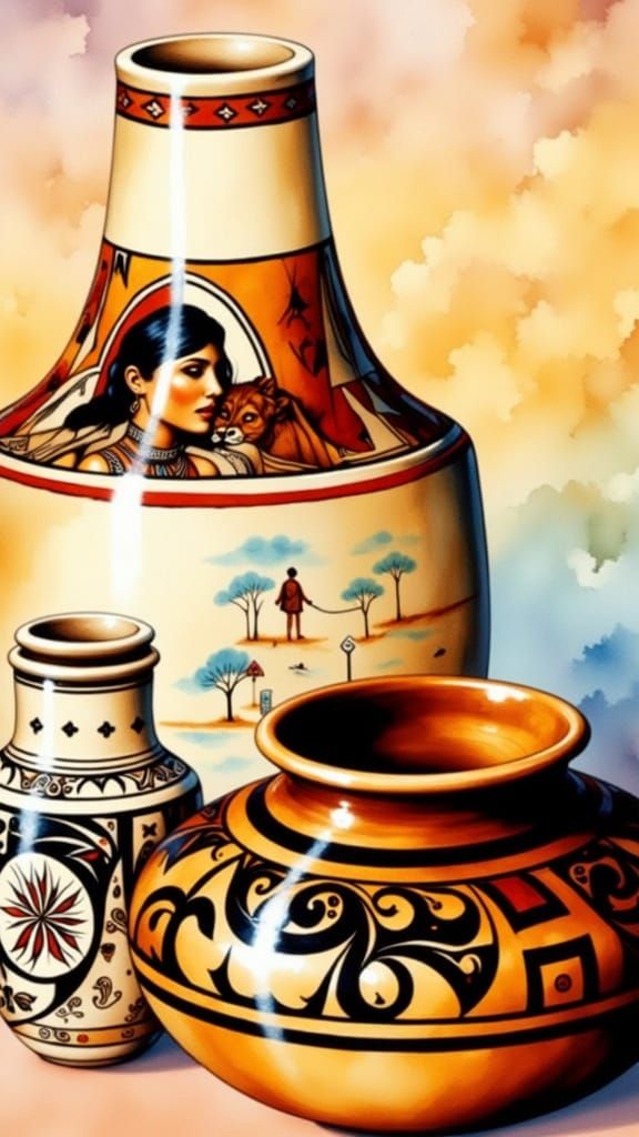 American Indian Pottery with Woman at Stream