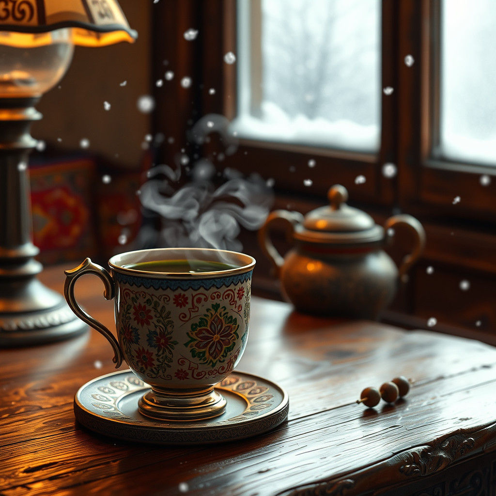 Ornate Afghan Tea Cup in Winter: Digital Art
