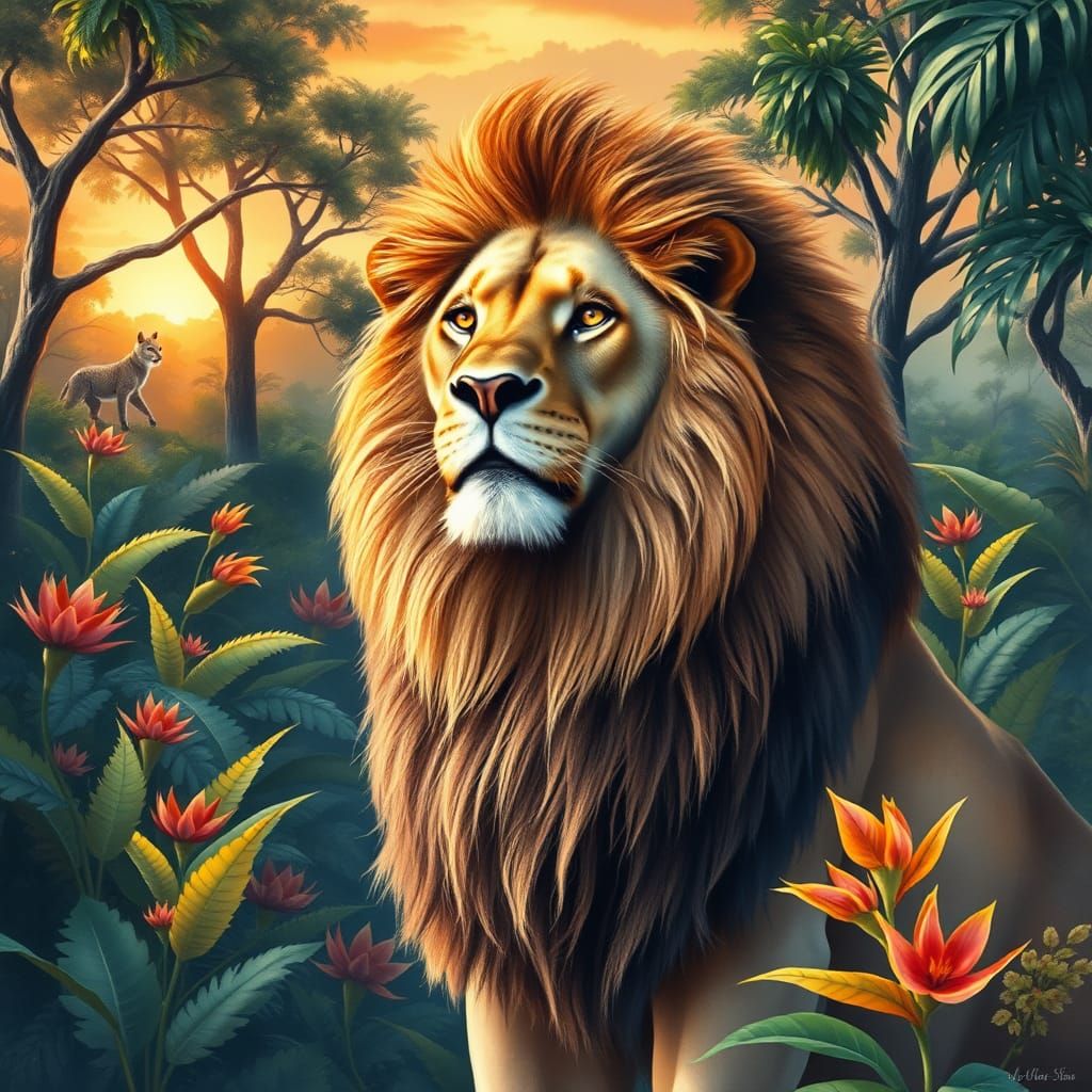 Regal Lion in Vibrant African Jungle, Watercolour Style