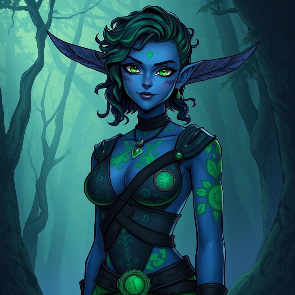Indigo Merfolk Warlock in Forest, Digital Art