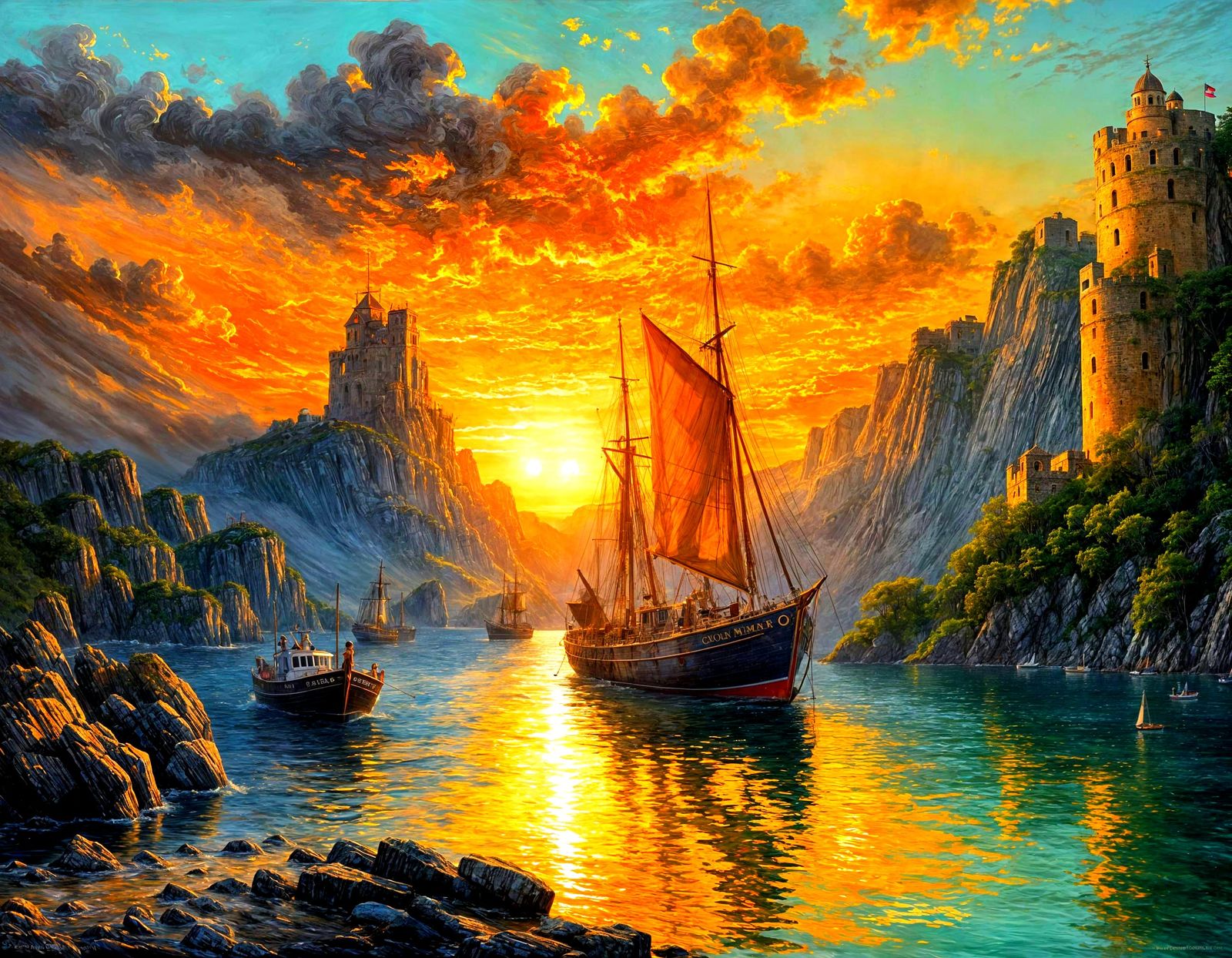 Old Sailboats at Dramatic Sunset Bay