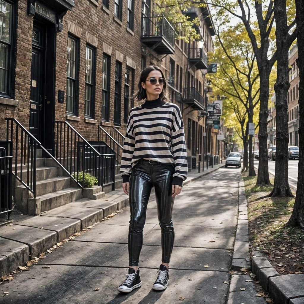 Woman in Latex Leggings on City Street