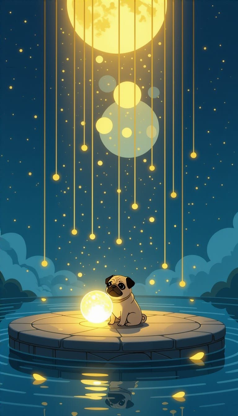 Mystical Pug Guardian Oversees Glowing Sphere