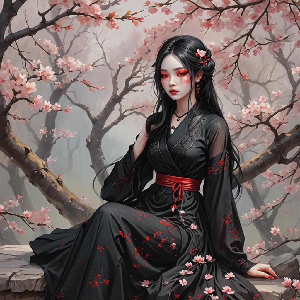 Gothic Goddess in Cherry Blossom Springtime
