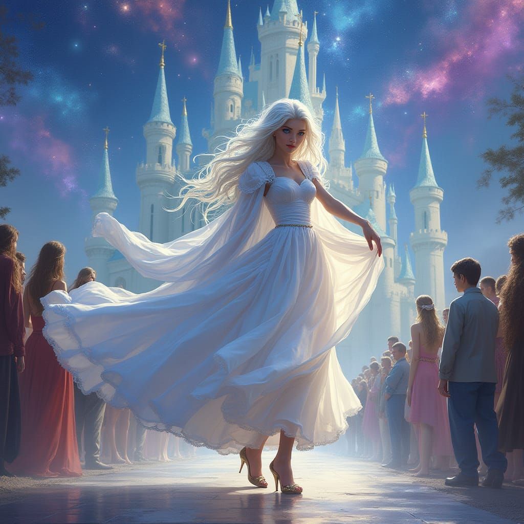 Girl Dancing Before Castle in Holographic Astral Style