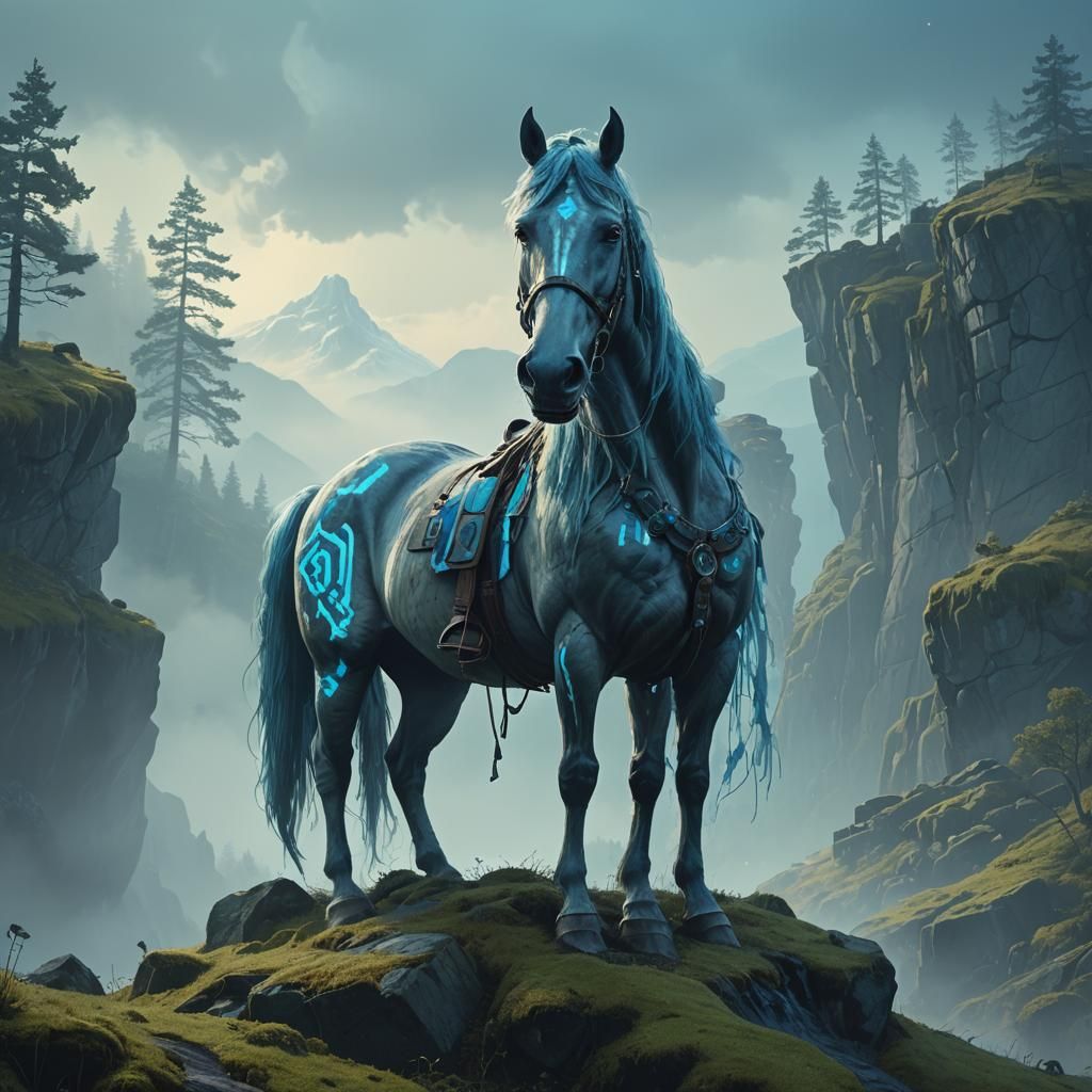 Majestic Horse with Glowing Markings on Misty Mountain