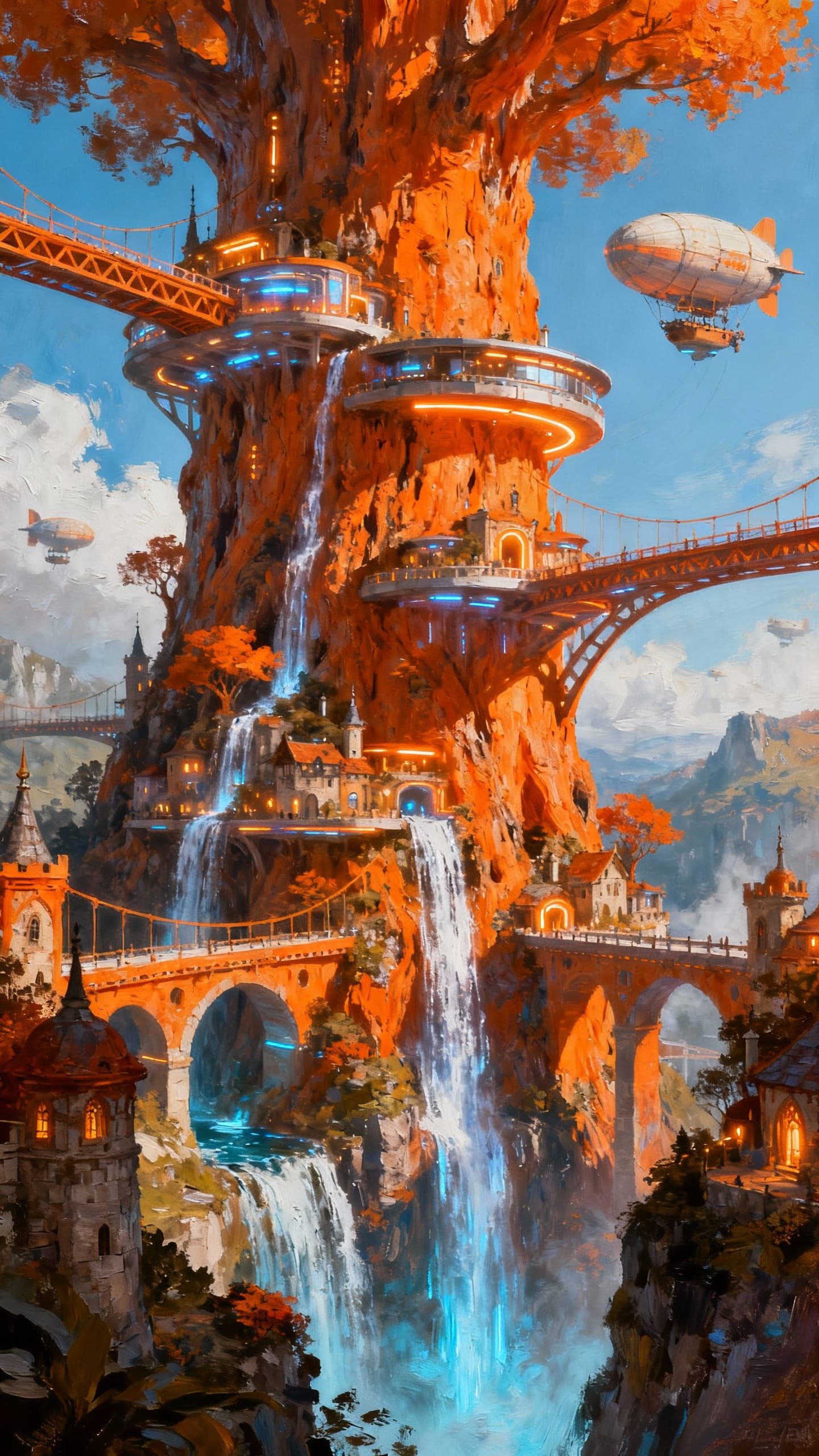 Solarpunk City Built Into Tree Trunk, Oil Painting Style