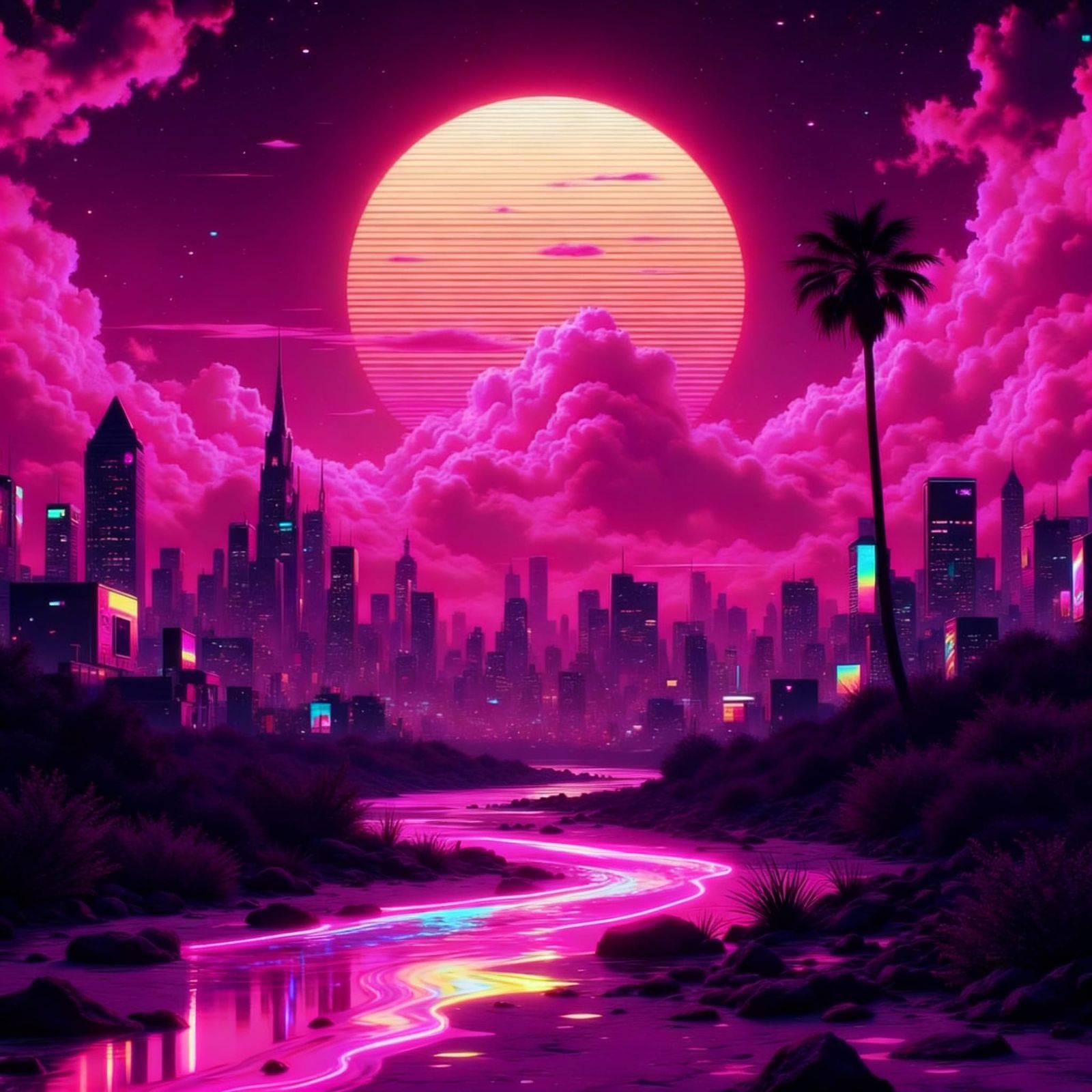 Vibrant Vaporwave Cityscape with Retro Futurism