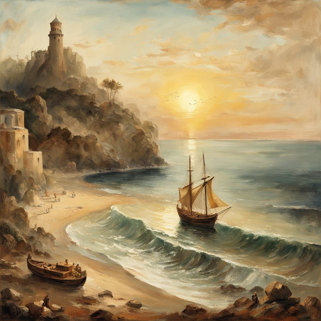 Phoenician Ship Arrives at Golden Hour Cove