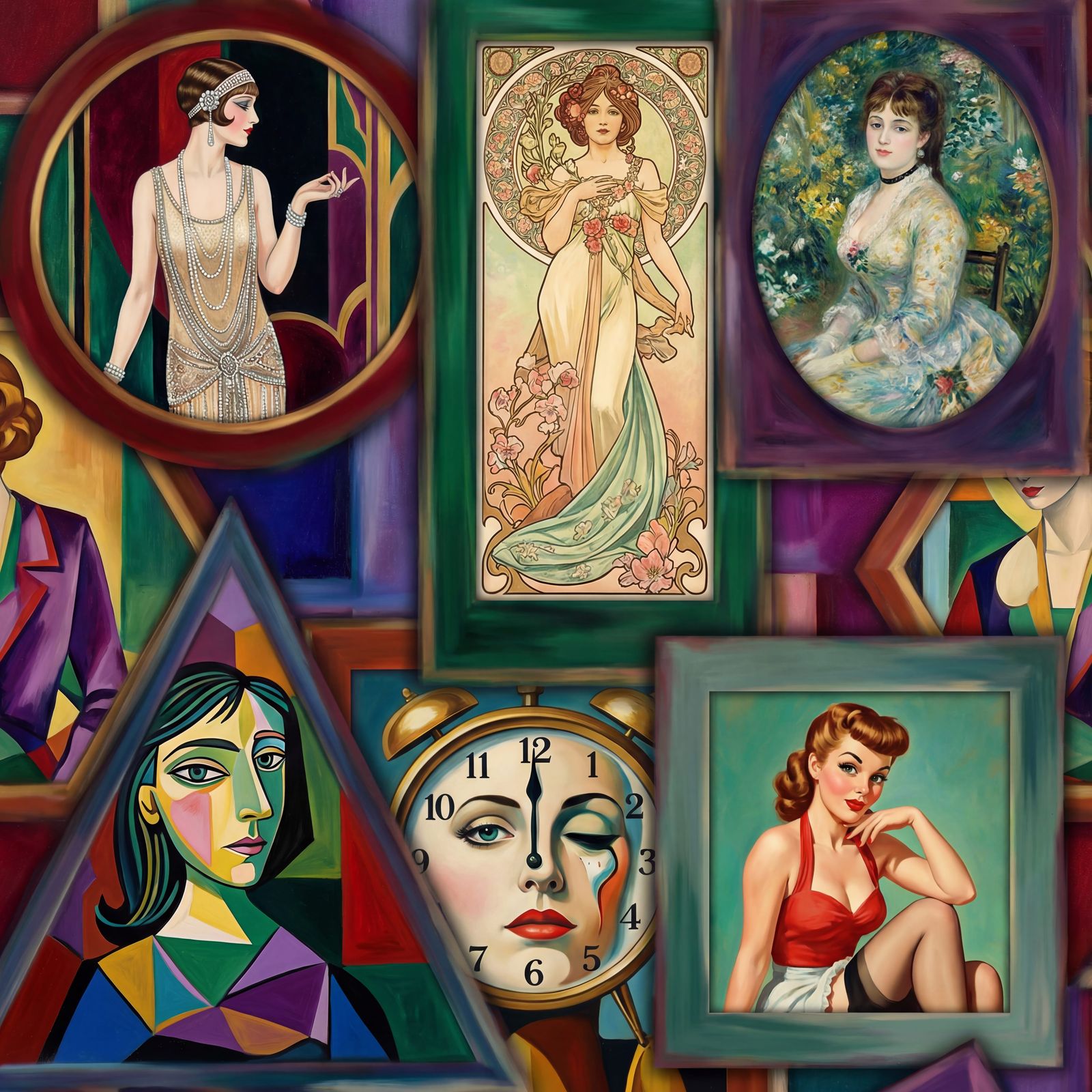 Vintage Fashion Collage: Women in Diverse Art Styles