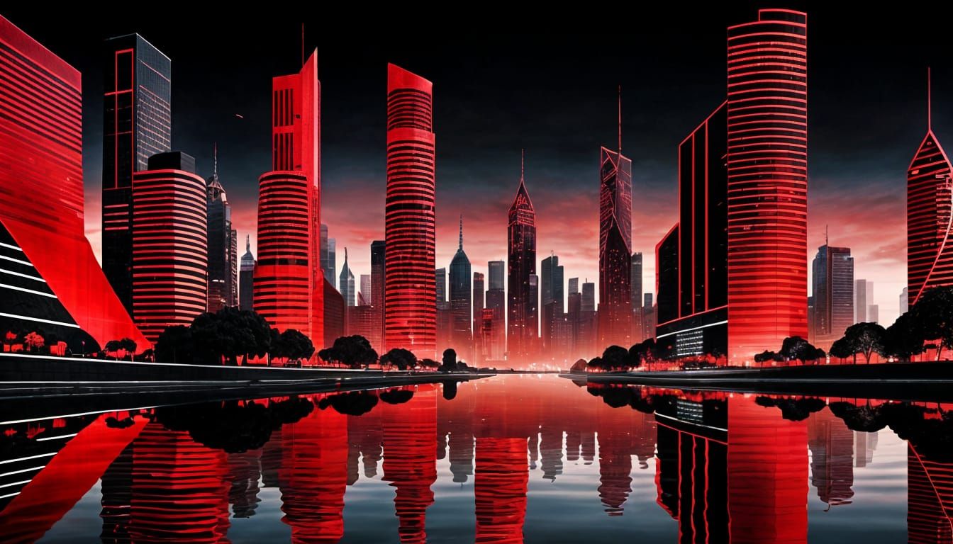 Abstract Cityscape Painting with Striped Buildings