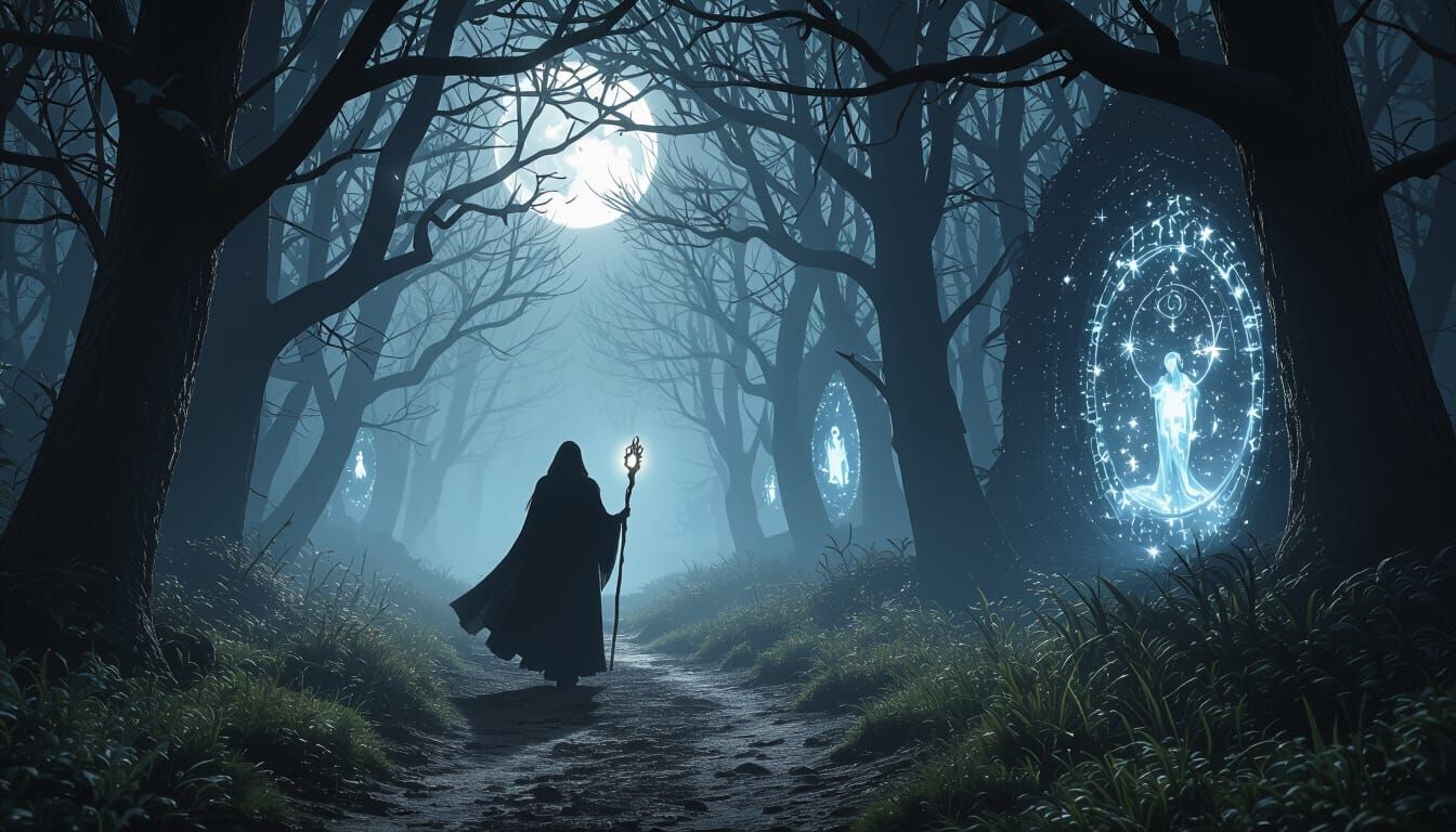 Solitary Witch on Moonlit Path Between Worlds