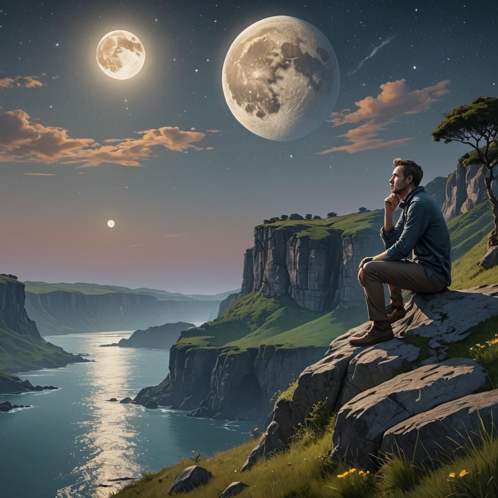 Man Contemplating Giant Moon on Venus Cliff
