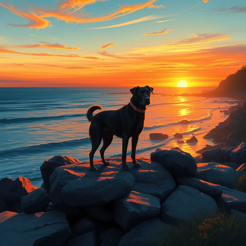 Dog Silhouetted Against Sunset, Wildlife Illustration Style