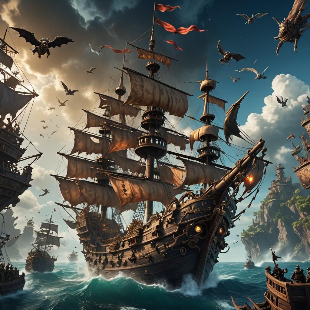 Flying Pirate Ship Attacked: Fantasy Concept Art