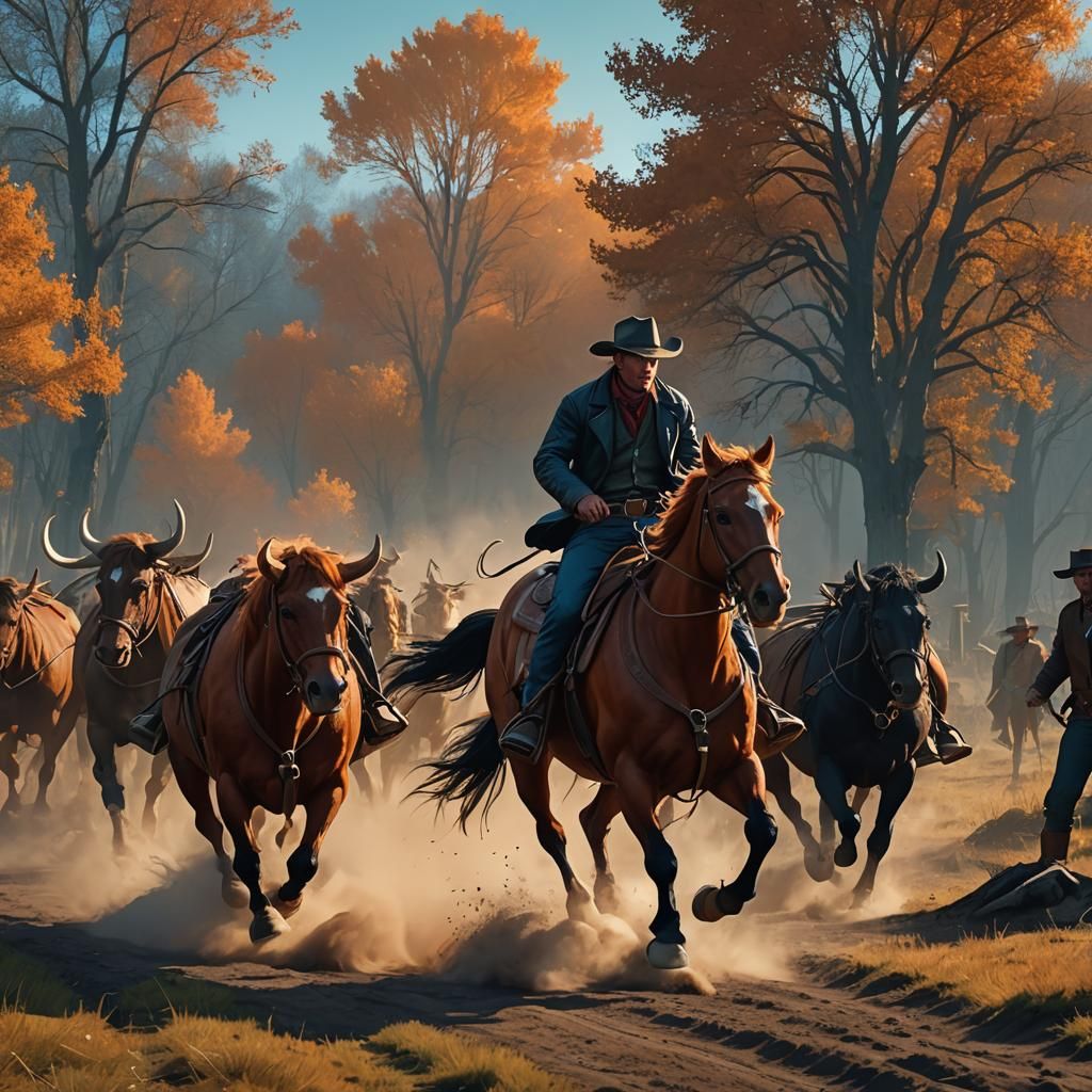 Cowboy Rides Horse Chasing Bull, Digital Matte Painting
