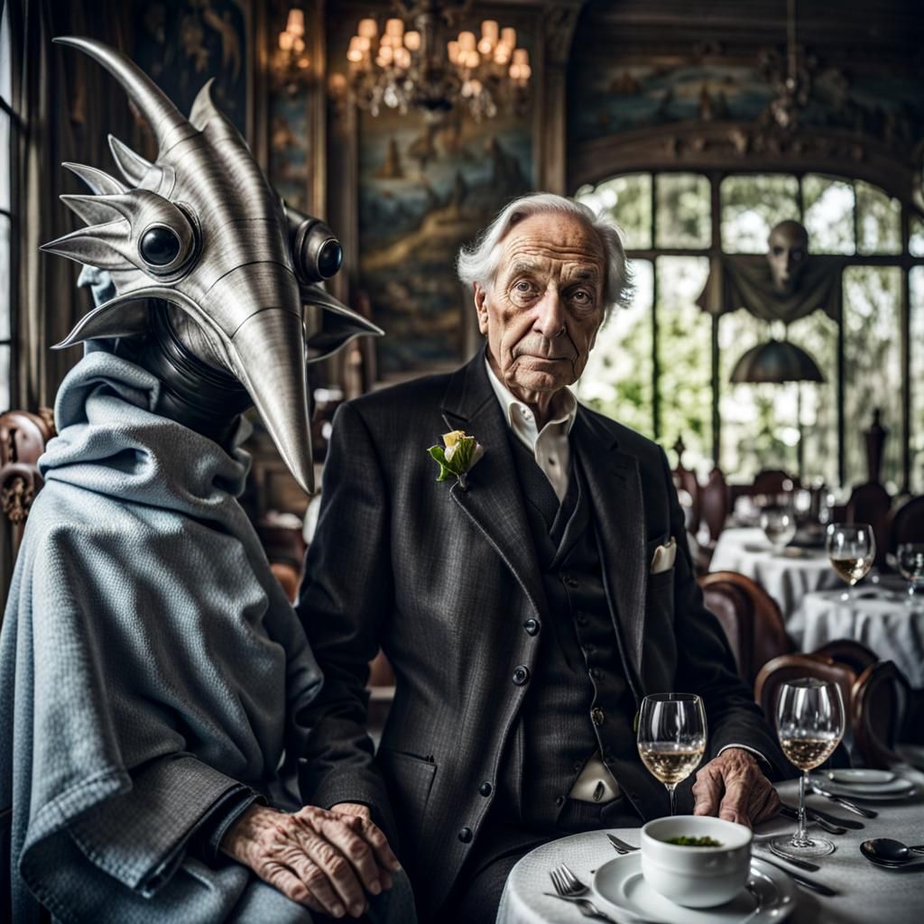 Exotic Aliens Celebrate in Surreal Restaurant Setting