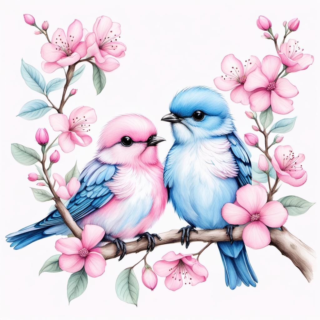 Pastel Bird Sketch on Flowering Branch