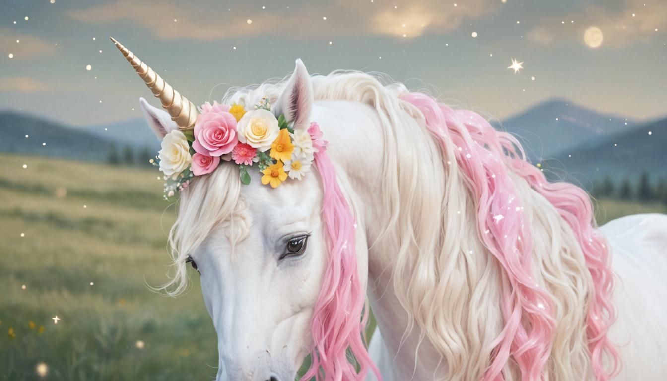 Cartoon Unicorn with Flower Crown and Starry Background