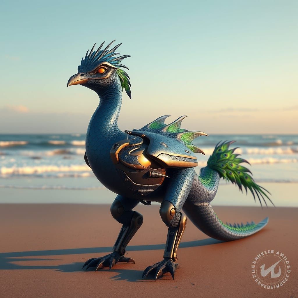 Majestic Bird Dragon Stands Tall on Serene Beach at Sunset