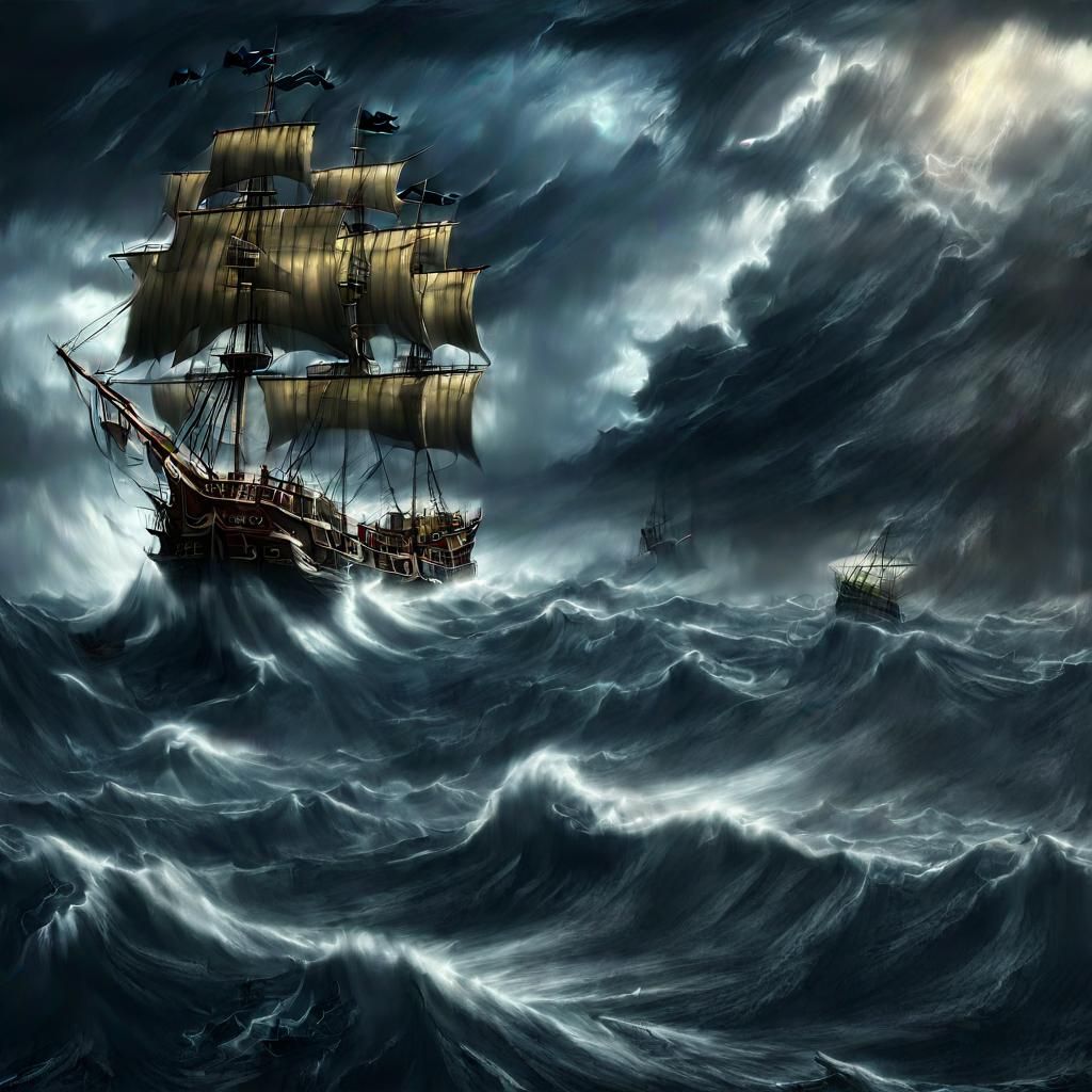 Pirate Galleon Amidst Stormy Seas