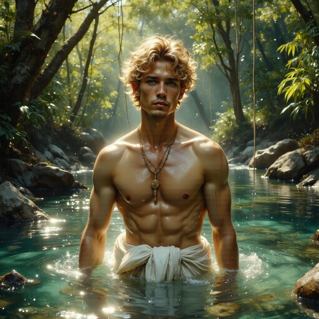 Greek Youth Contemplates Forest Pool, Art Nouveau Style