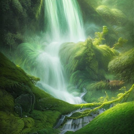 Lush Green Waterfall Quilling Landscape Illustration