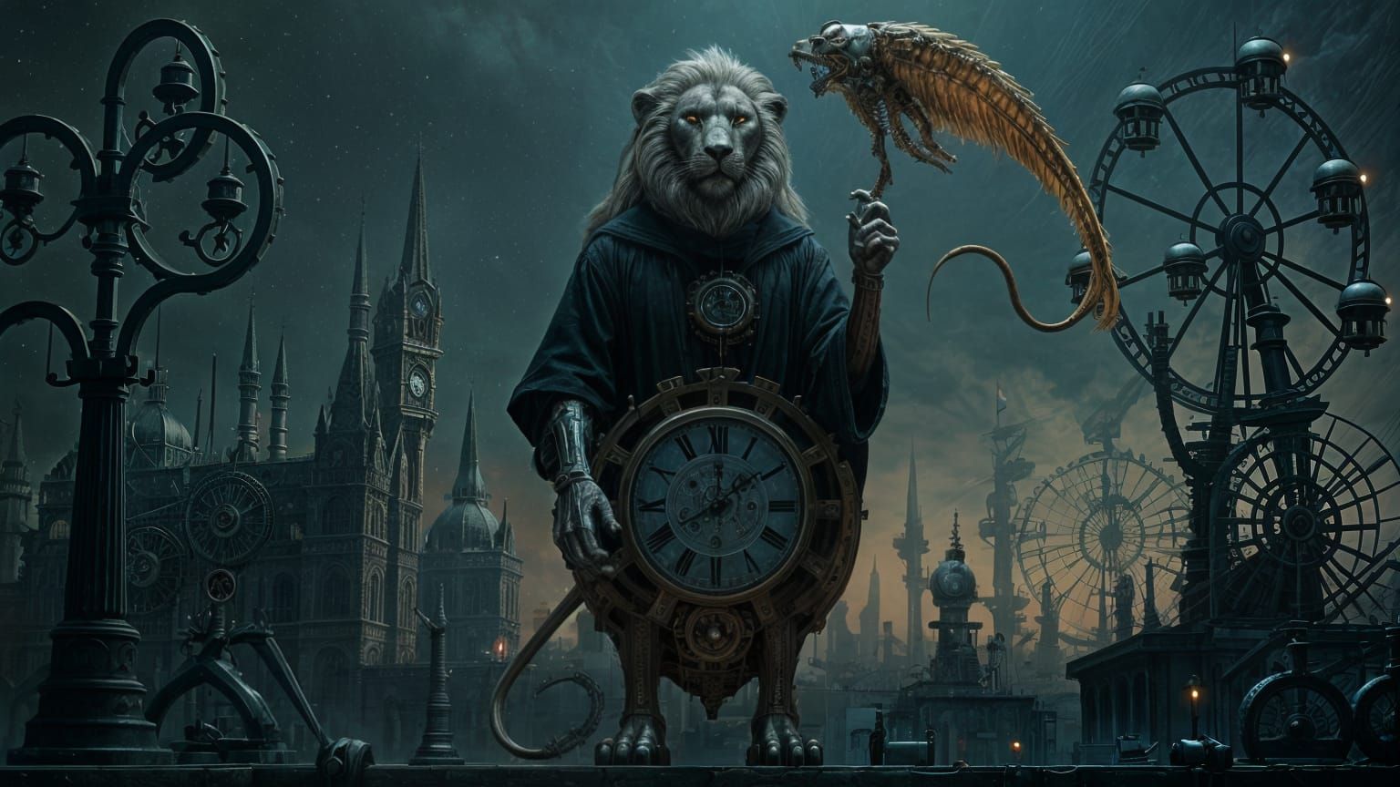 Clockwork Lion in Steampunk World, Sci-Fi Noir