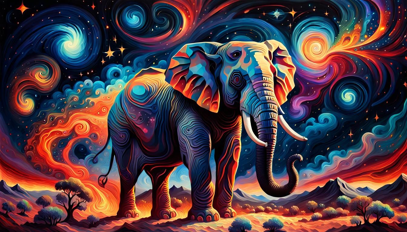 Cosmic Elephant in Wildfire: Post-Impressionist Oil Painting