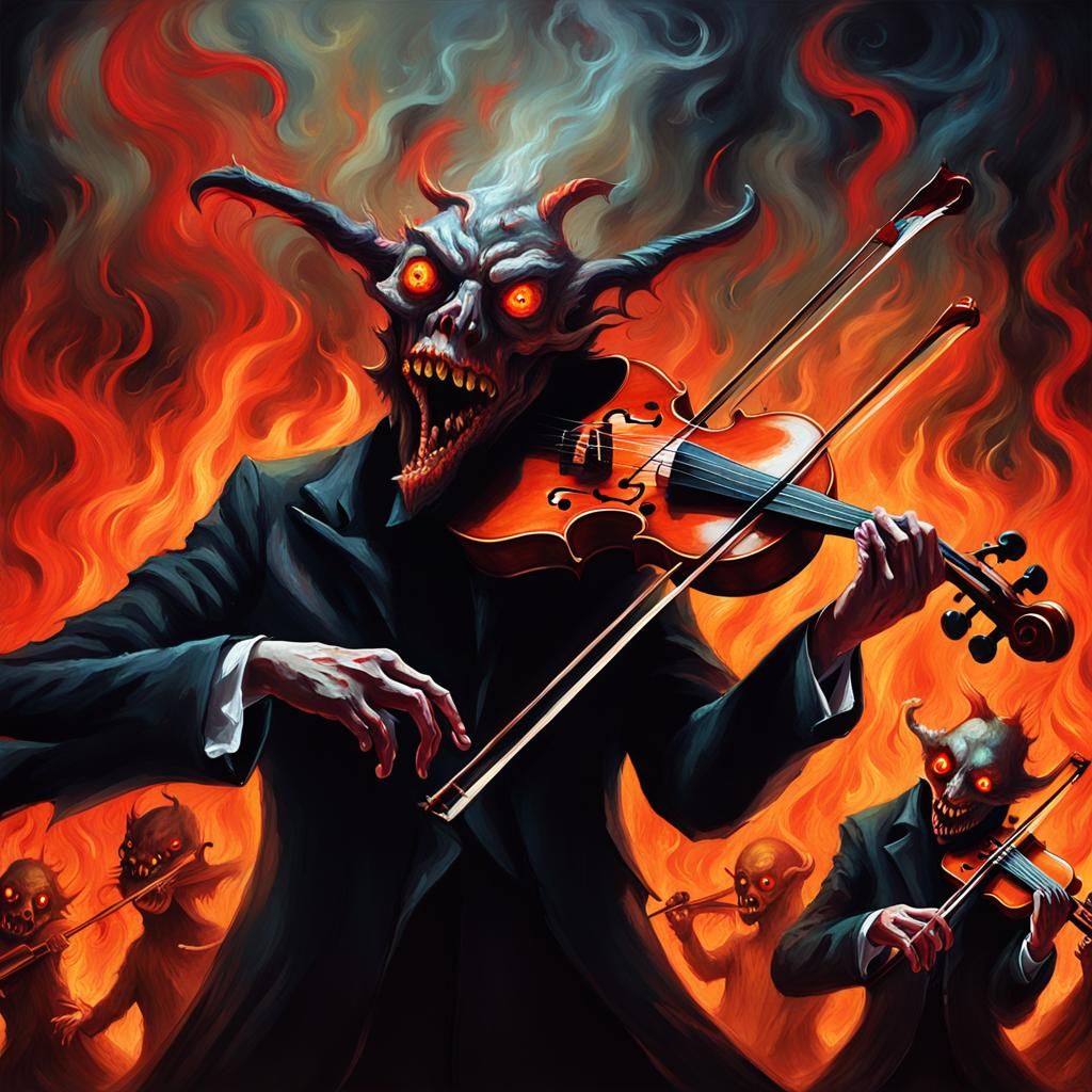 Grotesque Demons Play Violins in Hellish Flames