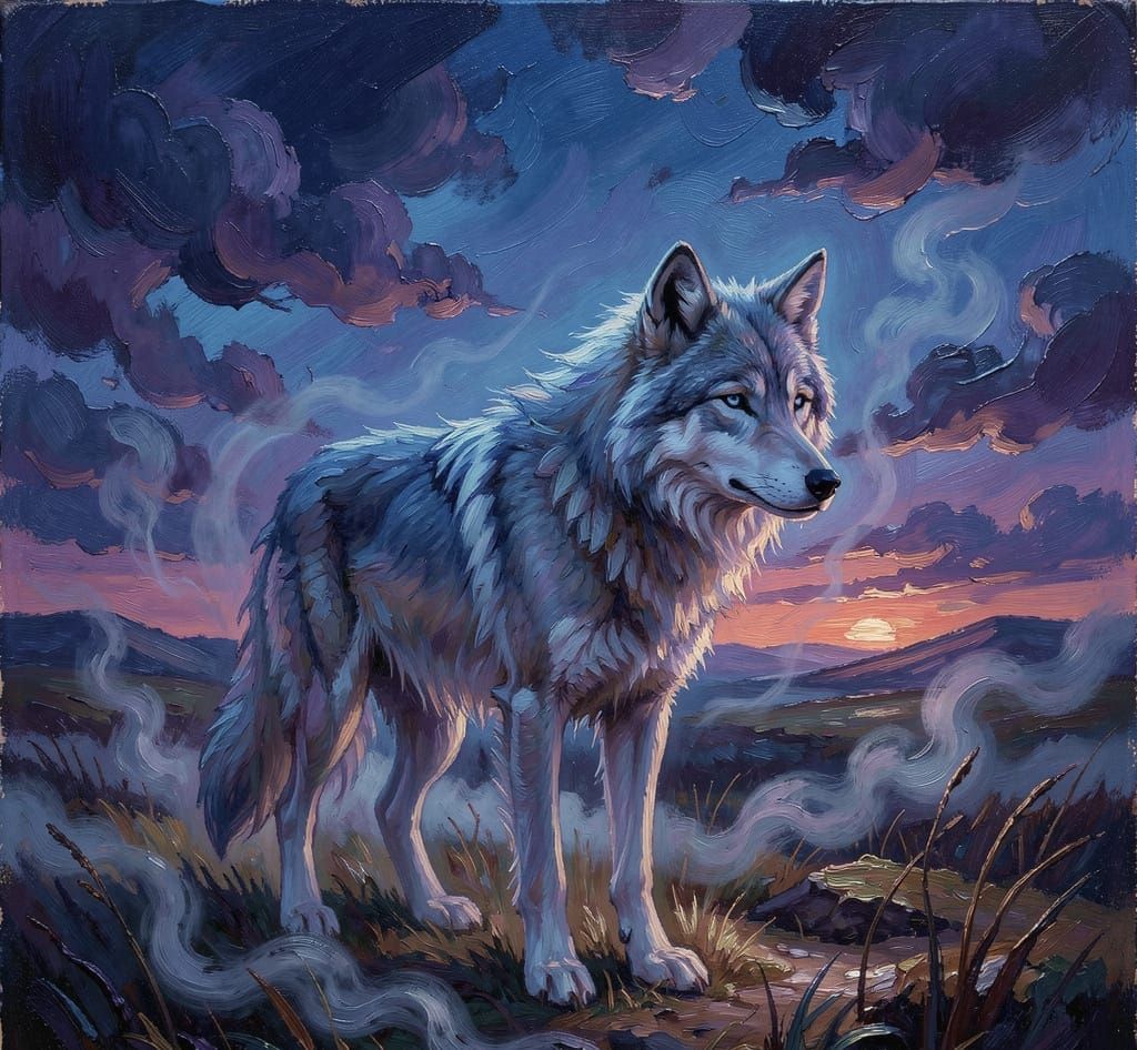 Spectral Wolf on Windswept Moors in Gothic Style
