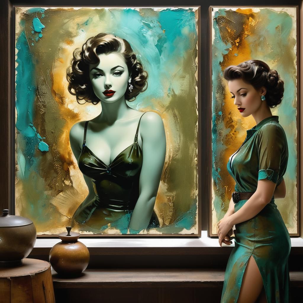 Beautiful Woman Portrait in Mixed Media Pinup Style