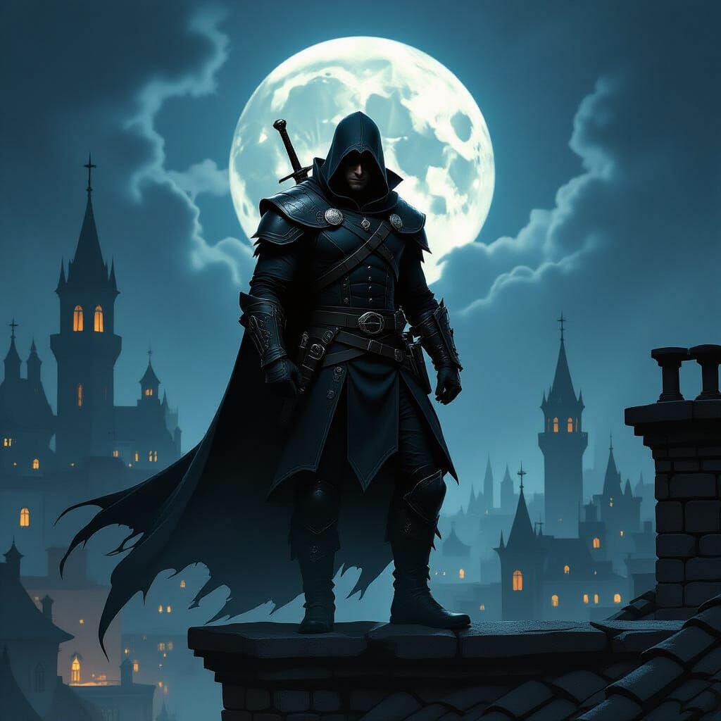 Mysterious Thief in Moonlit Cityscape, Dark Fantasy Art