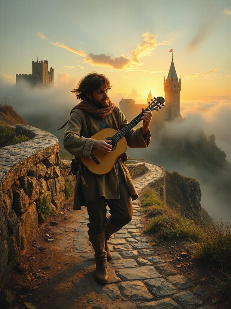 Minstrel on Spiral Road at Sunset in Fantasy Art