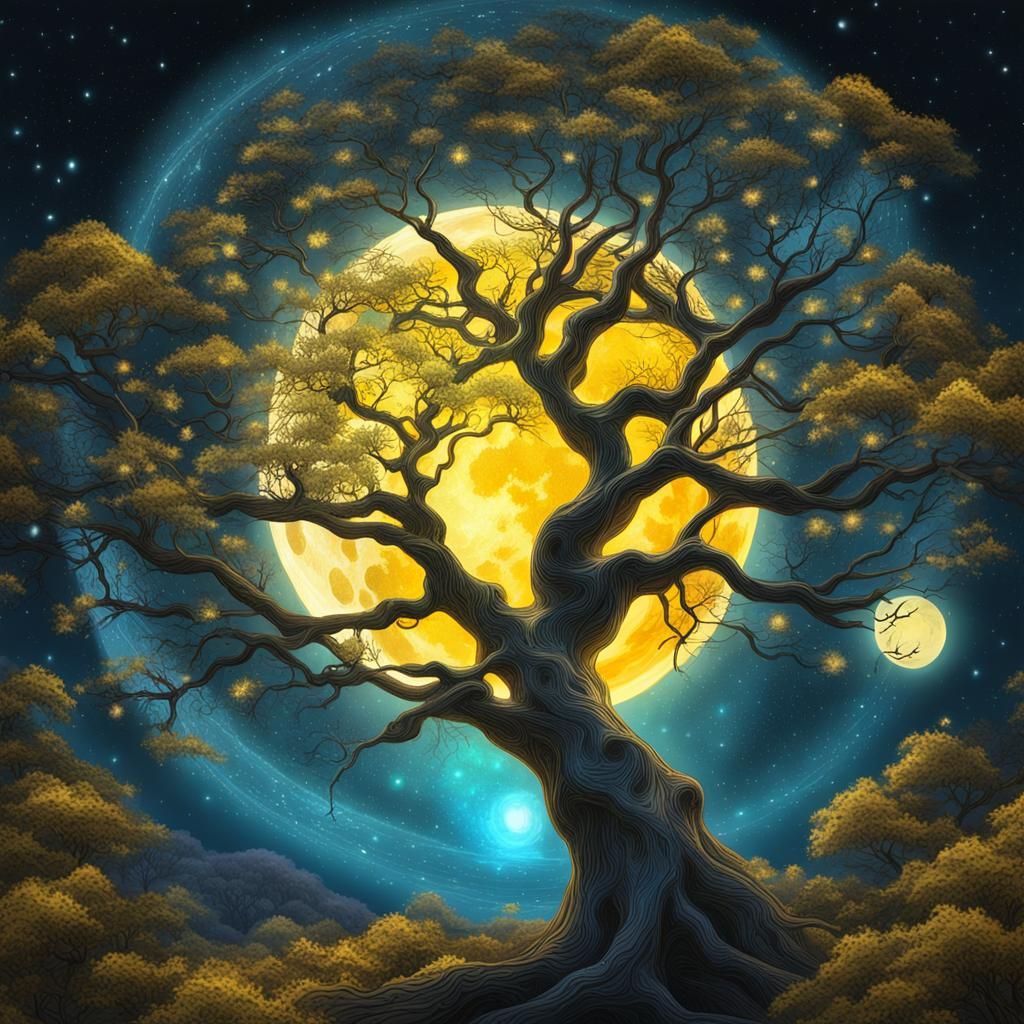 Full Moon Through Branches in Cosmic Style