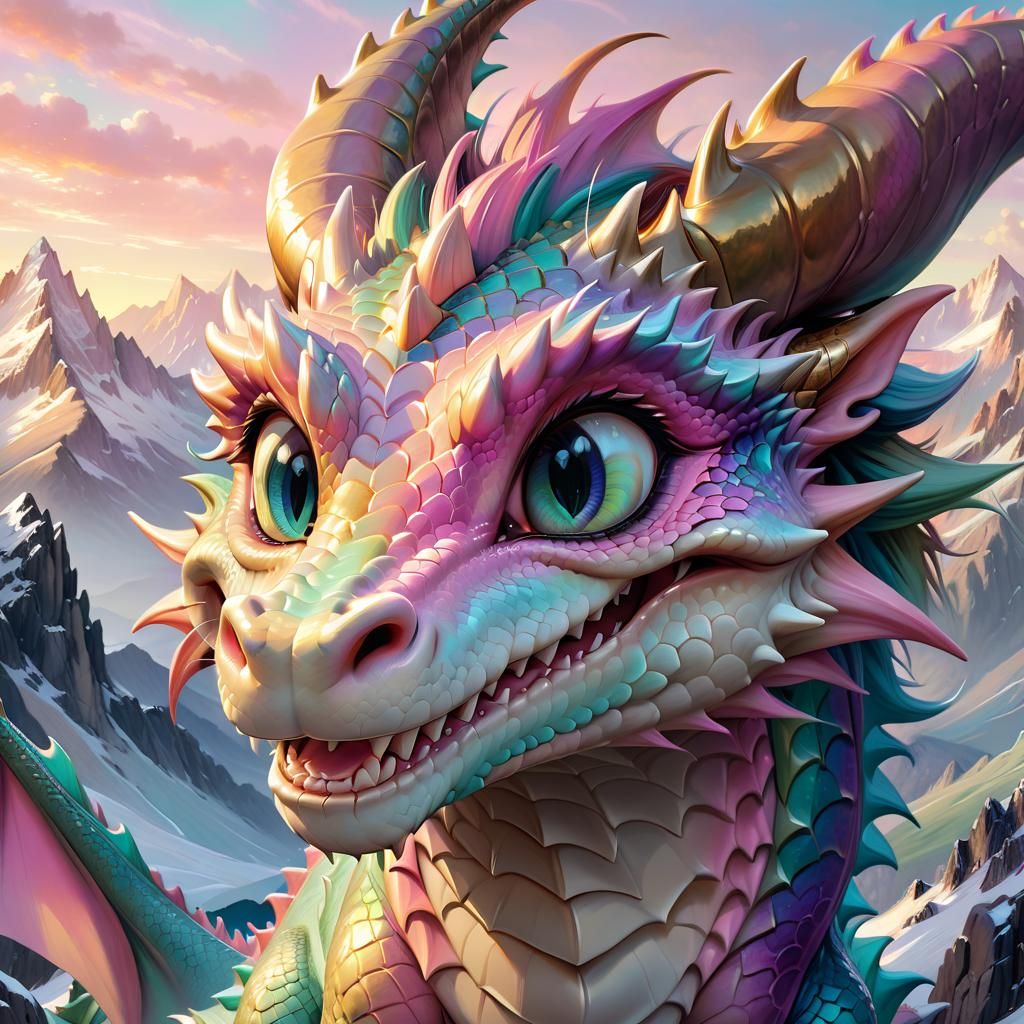 Pastel Dragon Portrait with Mountain View
