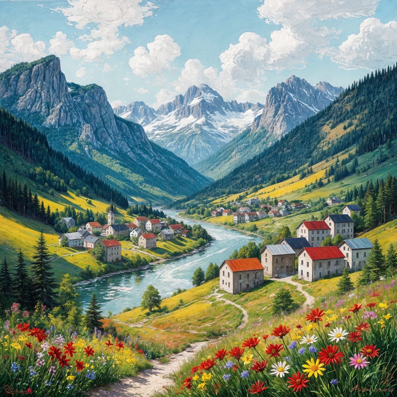 Vibrant Landscape with Soviet Brutalist Village